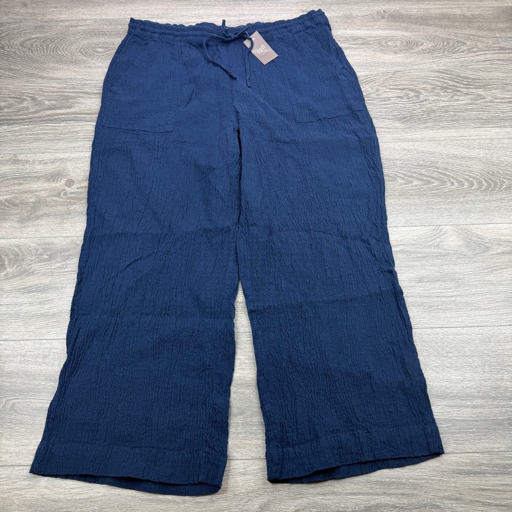 J. Jill Pants Womens Large Navy Blue Linen Blend Wide Leg Relaxed Crinkle Gauze